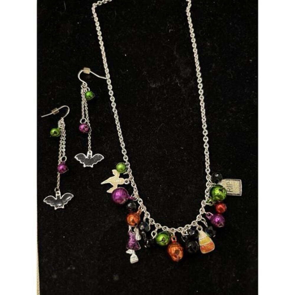 Halloween Silver Tone Necklace Bells Witch Charm Candy Corn Earrings Lot 🎃 FUN